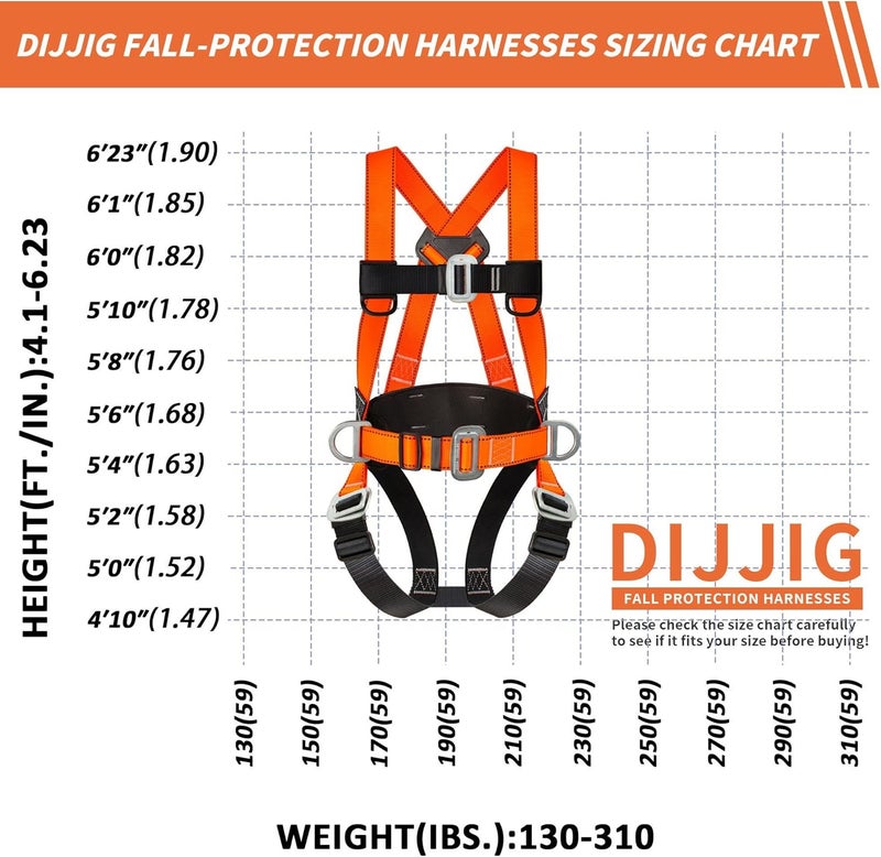 DIJJIG Safety Harness Fall Protection Kit Full Body Roofing Harnesses With Internal Shock Absorbing Lanyard, Orange Safety Harness For Construction OSHA/ANSI Compliant - Image 3